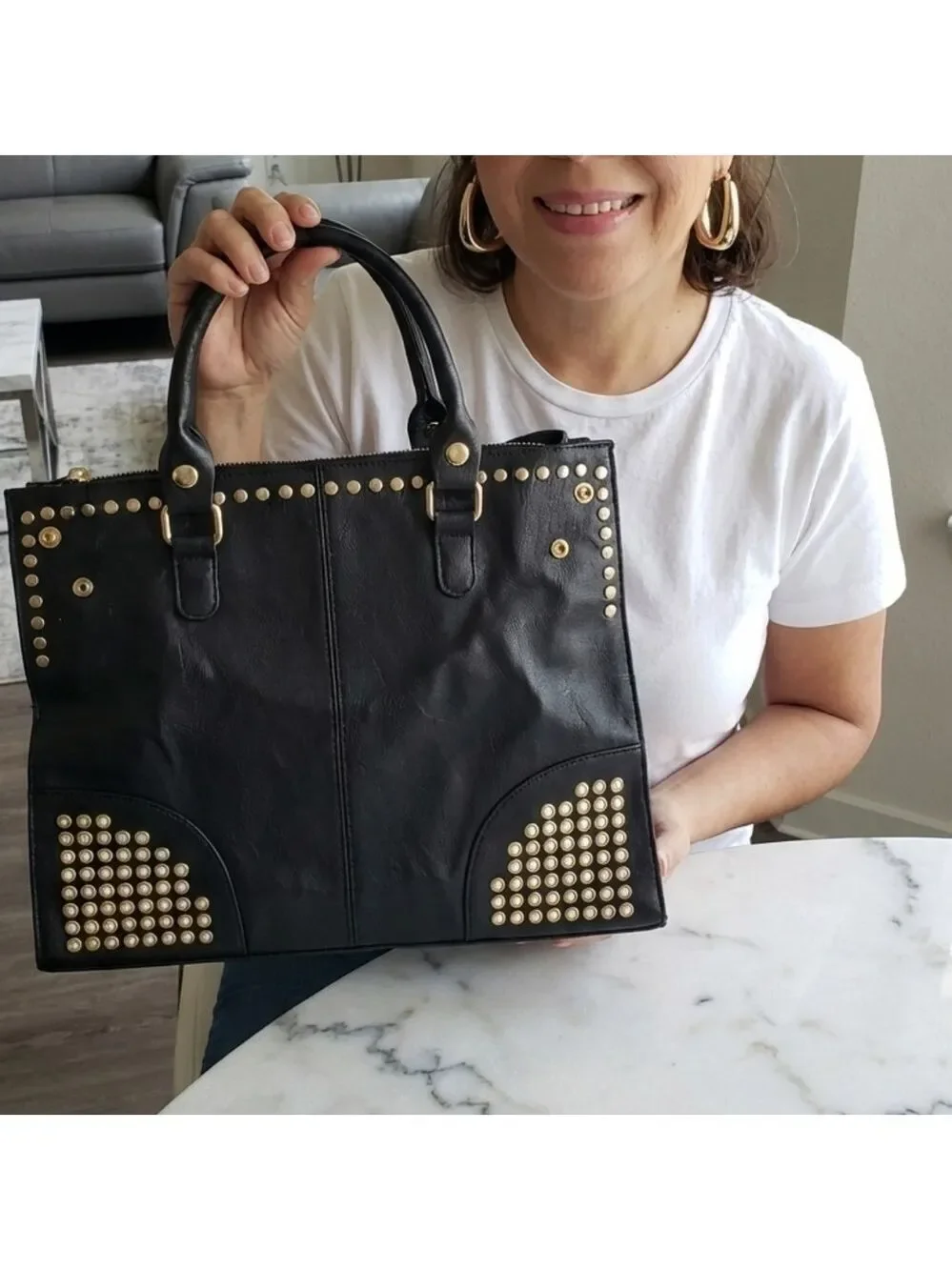 Black Vegan Leather Rivet Satchel Tote Top Handle Shoulder Bag Adjustable Strap